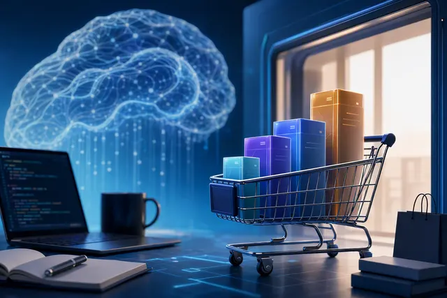 Editorial illustration of AI coding subscriptions being sold through an online marketplace
