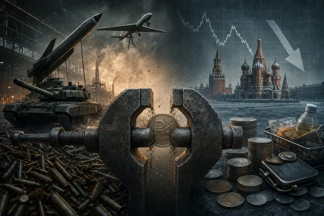 Editorial illustration of Russia’s war economy facing pressure from military spending, budget deficits and energy disruptions