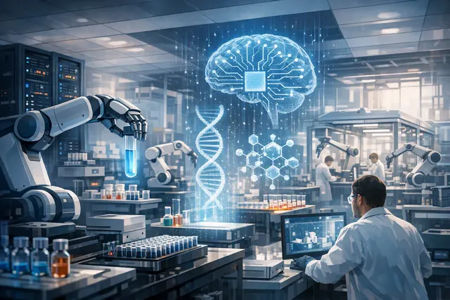 Illustration of an AI-controlled robotic laboratory connecting scientific models with automated experiments