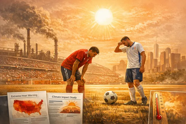 Heat dome over U.S. with soccer stadium and extreme temperature reading, illustrating climate change impact on 2026 FIFA World Cup