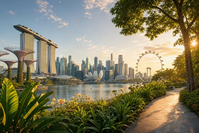 AI-generated editorial illustration for a guide to choosing when to visit Singapore.