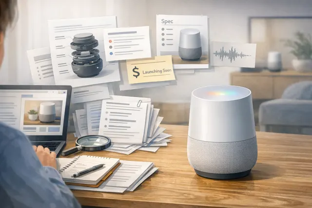 The new Google Home Speaker with Gemini for Home voice assistant sitting on a modern tabletop with ambient lighting
