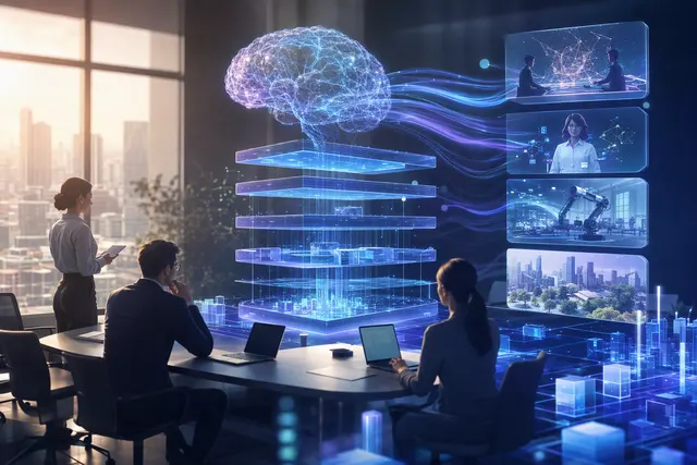Conceptual illustration of AI tools connecting with business software on a corporate dashboard