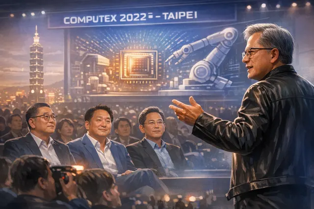 Nvidia CEO Jensen Huang stands at a Computex 2026 dinner table with South Korean technology leaders, illustrating the deepening AI partnership.