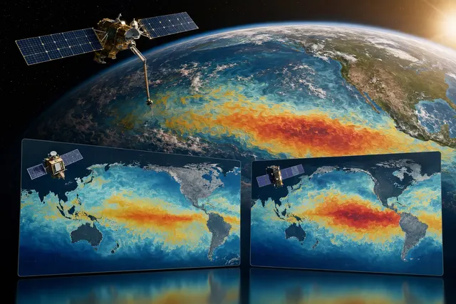 AI-generated editorial illustration for an article about El Niño and satellite ocean-height measurements; not an actual NASA satellite map.