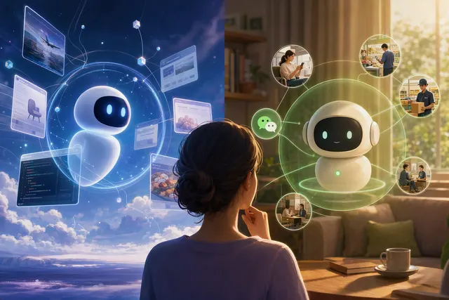 Conceptual illustration comparing a cloud-based AI agent with an assistant embedded in a messaging app