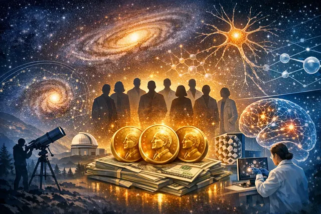 Abstract cosmic background evoking the Milky Way with superimposed nano-scale geometric patterns and neural network imagery, representing the 2026 Kavli Prize fields.