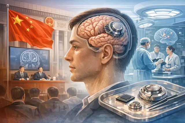 Editorial illustration of a coin-sized epidural brain-computer interface implant and neural signal pathways