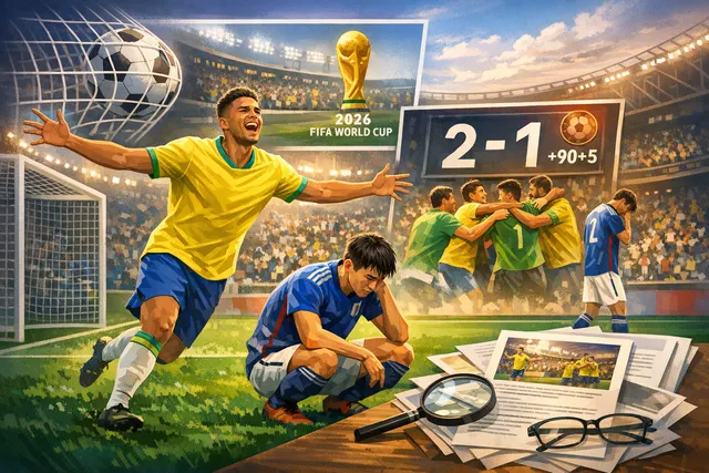 Brazil players celebrating Gabriel Martinelli's stoppage-time winner against Japan at the 2026 FIFA World Cup Round of 32 match at NRG Stadium in Houston