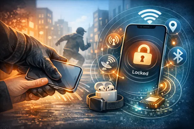 Illustration of an iPhone locking its screen as a hand reaches out to snatch it, with motion-sensor waves and an Apple Watch nearby signaling proximity.