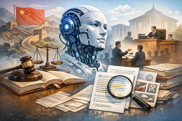 A gavel and a glowing AI chip on a wooden surface, symbolizing the intersection of law and artificial intelligence in China.