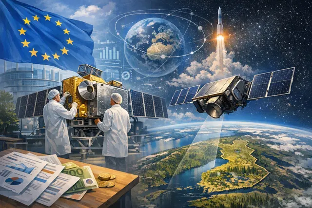 Graphic illustration of a satellite in orbit above Earth, representing ICEYE's synthetic aperture radar constellation and the EU's Scaleup Europe Fund investment in European space