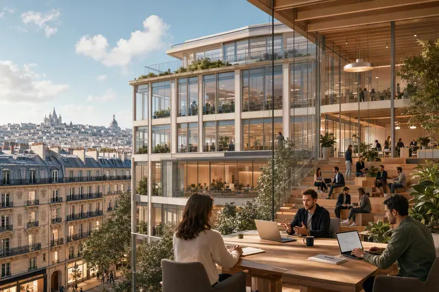AI-generated editorial illustration accompanying coverage of Qonto’s new Paris headquarters