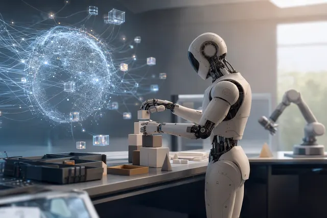 Editorial illustration of an industrial robot using an AI-generated visual world model to create synthetic training scenes