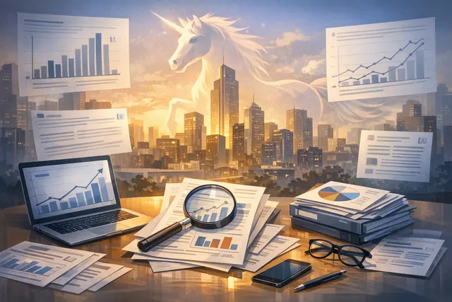 Abstract visualization of record-breaking venture capital data for AI startups in 2026, showing charts, dollar amounts, and unicorn icons representing the $300 billion quarter.