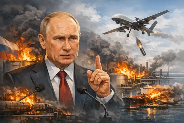 Editorial illustration of drone strikes and economic infrastructure in the Russia-Ukraine war