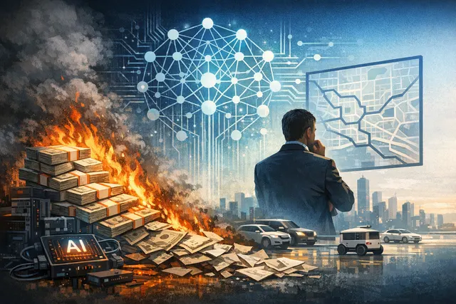 A conceptual illustration of a budget spreadsheet burning away, with AI tokens piling up uncontrollably in the background, representing Uber's rapid AI cost overrun.