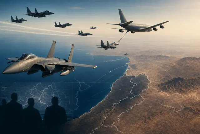 Illustration of fighter jets flying toward a distant border, representing reports of an Israeli sortie near Iran