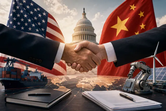 AI-generated editorial illustration for an article about U.S.–China summit agreements