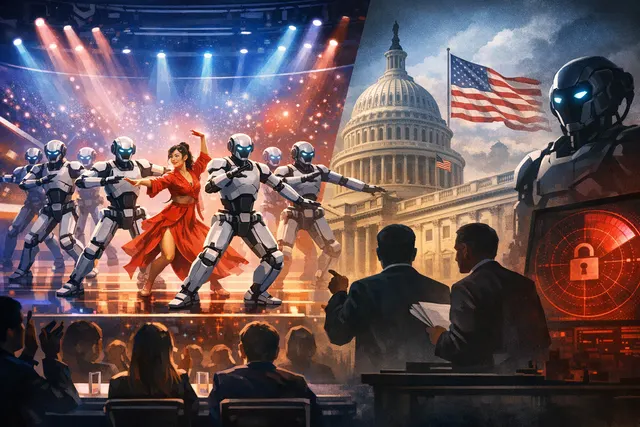 Split image of Unitree G1 robots performing on America's Got Talent stage and a US Capitol building with a prohibition symbol, illustrating the contrast between public praise and l