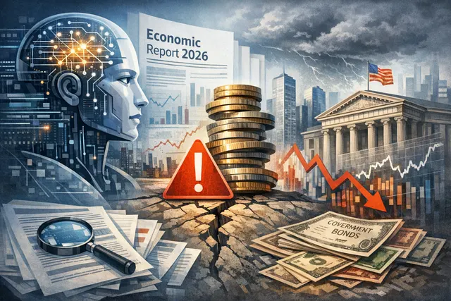 A visual representation of the BIS warning on AI investment and public debt risks, with financial market data and warning signals in the background.
