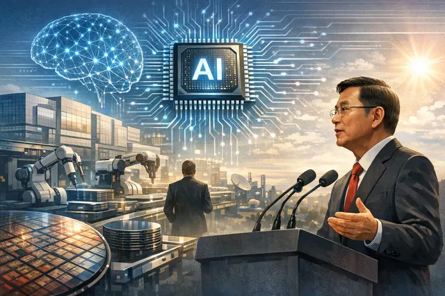 TSMC CEO C.C. Wei addressing shareholders at the June 2026 meeting against a backdrop of a semiconductor fab and AI chip graphics