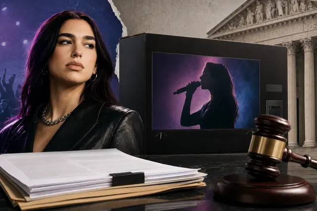 Editorial illustration representing Dua Lipa’s lawsuit against Samsung over the alleged use of her photo on TV packaging