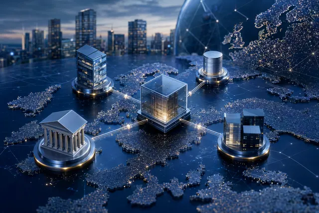 Concept illustration of a blockchain-based European securities settlement network connecting banks, brokers, and investors