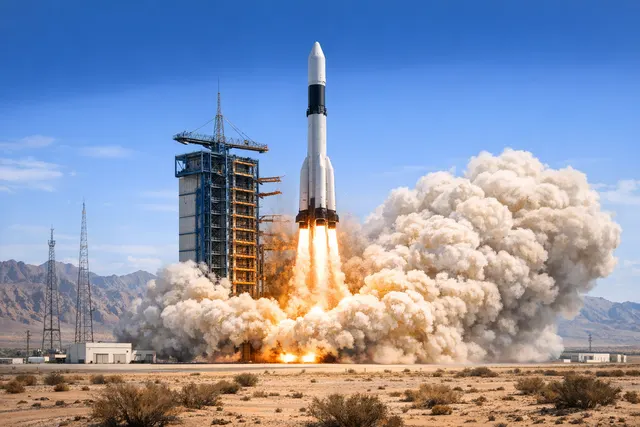 Illustration of China's Long March 12B reusable rocket launching from Jiuquan with Qianfan satellites