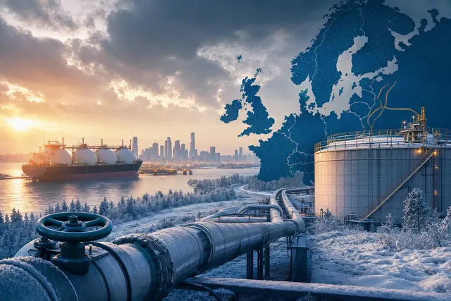 Editorial illustration of Europe’s winter natural-gas storage and LNG supply pressure