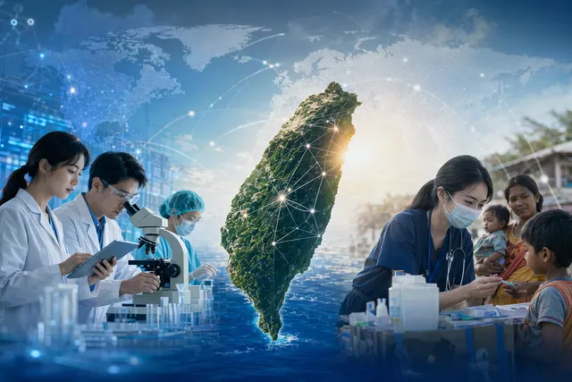 Editorial illustration representing Taiwan’s push for participation in the World Health Organization and global health collaboration
