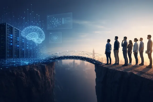 Illustration of workers and AI systems highlighting the growing skills gap between AI investment and workforce readiness