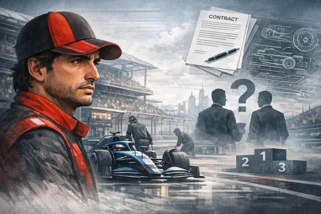 Editorial concept image of a Formula 1 car in turmoil with a driver considering his future, representing Carlos Sainz's uncertain position at Williams in 2026.