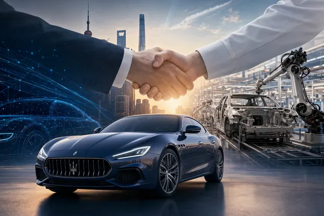 Conceptual editorial image illustrating Stellantis, Huawei and JAC discussions around Maserati electric vehicles
