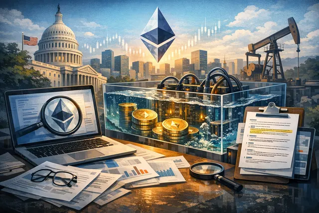 Abstract digital illustration of an Ethereum accumulation strategy with a whale symbol and upward trajectory charts