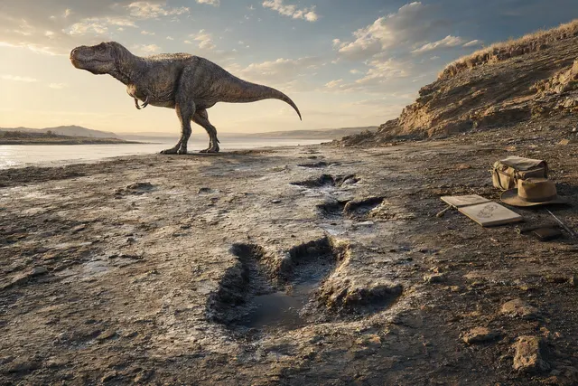 Illustration of an adult Tyrannosaurus rex walking across a prehistoric landscape