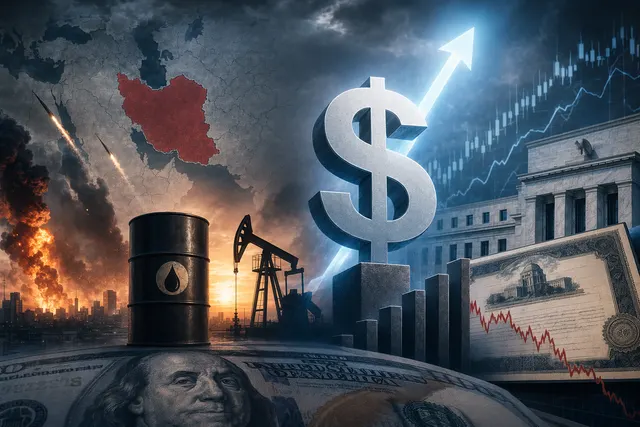 Illustration of global markets reacting to rising oil prices, bond yields, and a stronger U.S. dollar