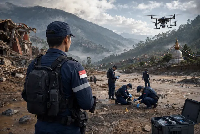 AI-generated illustration accompanying an article about Singapore’s forensic disaster-relief deployment to Nepal