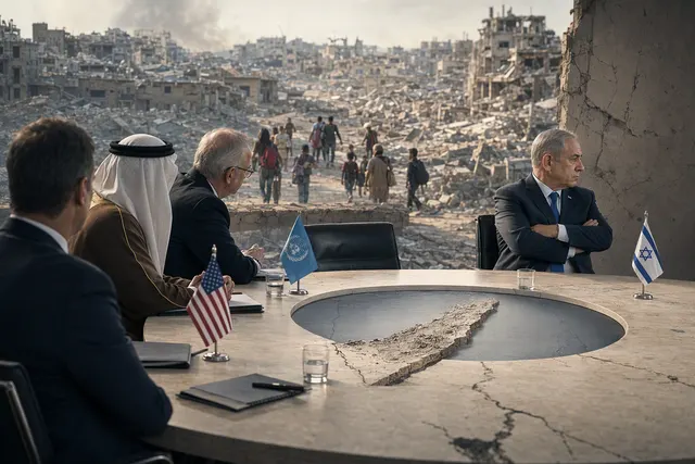 Editorial illustration representing the diplomatic deadlock over Gaza’s postwar transition and international stabilization plan