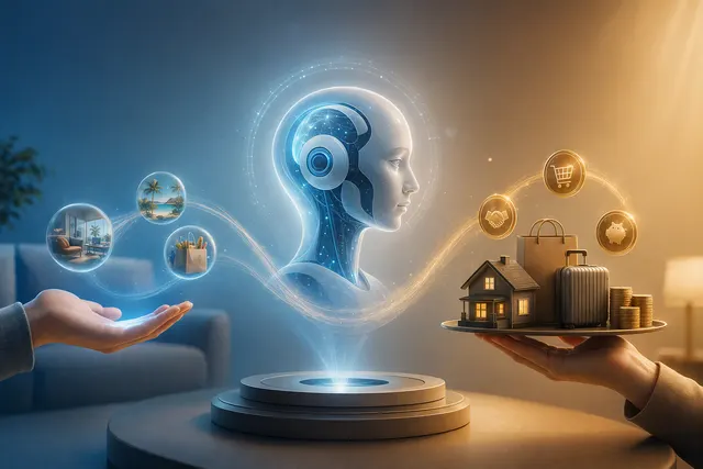 Illustration representing an AI agent helping with business tasks and online transactions