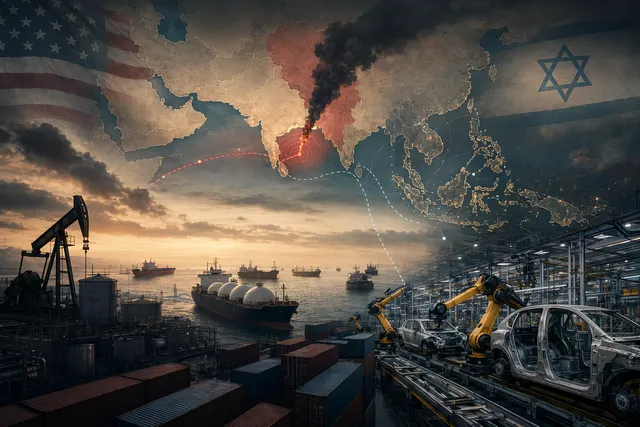 Industrial factories and cargo ships symbolizing Southeast Asia manufacturing disruption from the Strait of Hormuz crisis
