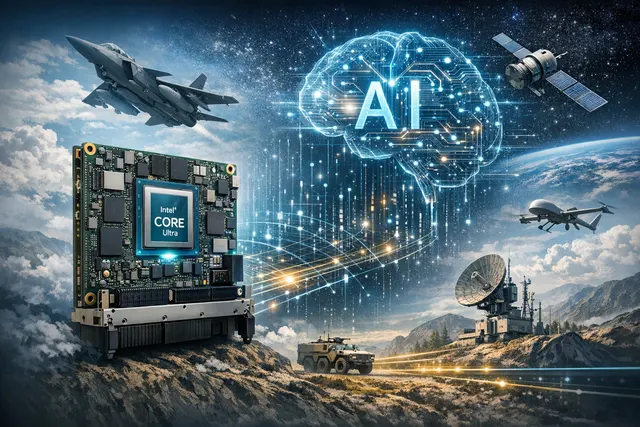 Kontron VX30101 3U VPX board with Intel Core Ultra Series 3, NPU, and 100Gb Ethernet for defense AI visualized as a rugged high-performance embedded computing module.