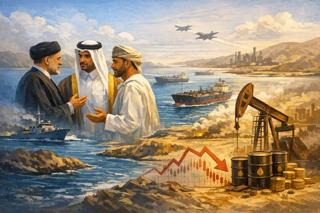 Illustration of diplomatic negotiations over shipping through the Strait of Hormuz