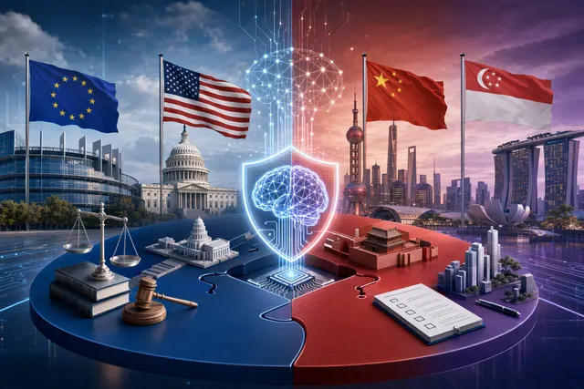 AI-generated editorial illustration for a comparison of AI regulation in the EU, US, China and Singapore