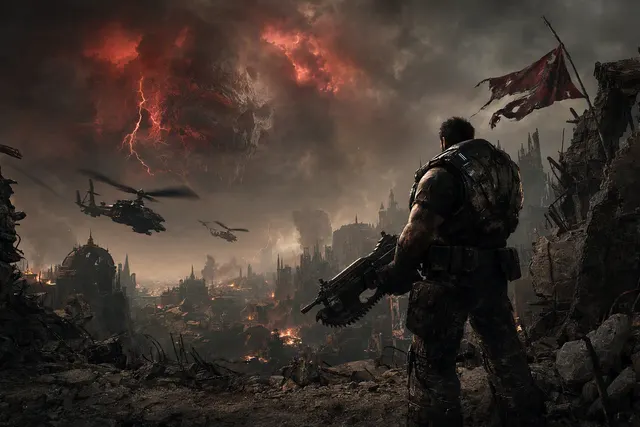 Editorial artwork for Gears of War: E-Day, the 2026 Emergence Day prequel
