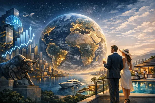 AI-driven stock market surge boosting global millionaire wealth to a record $98.3 trillion in 2025, with a backdrop of upward-trending charts and technology symbols.