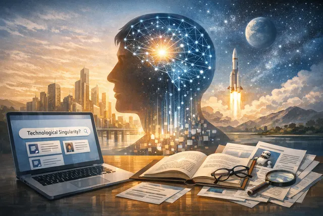 A conceptual illustration of the technological singularity, featuring a glowing digital brain and a network of data nodes.