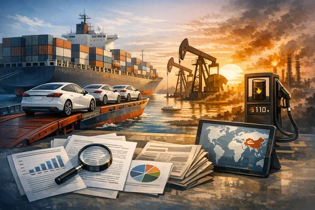 Cargo ship loaded with electric vehicles at a port, illustrating China's record EV exports in May 2026 driven by the Iran war oil shock and ASEAN demand.