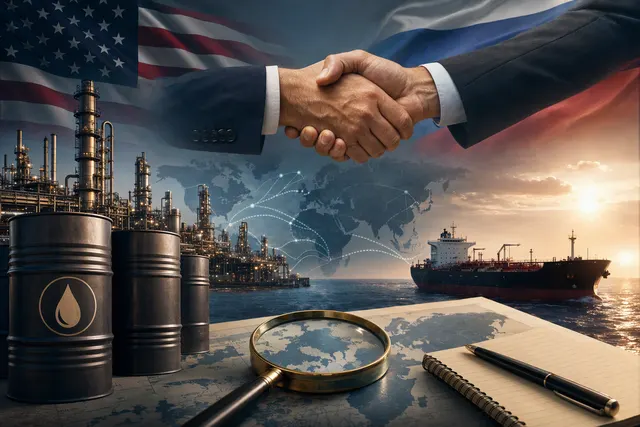 Editorial illustration for an article about the Trump–Putin Russian diesel agreement and resumed exports