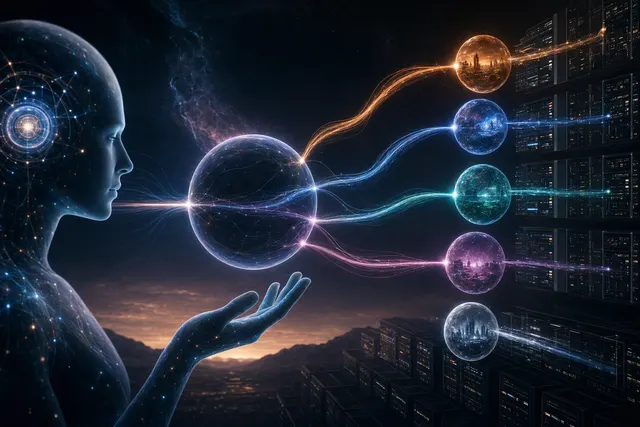 Editorial illustration of an AI assistant routing a request among different AI models and services